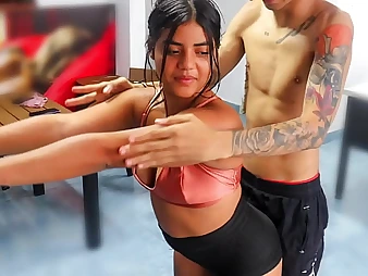 Stepbrother helps Indian Tinysis workout all round his heavy booty